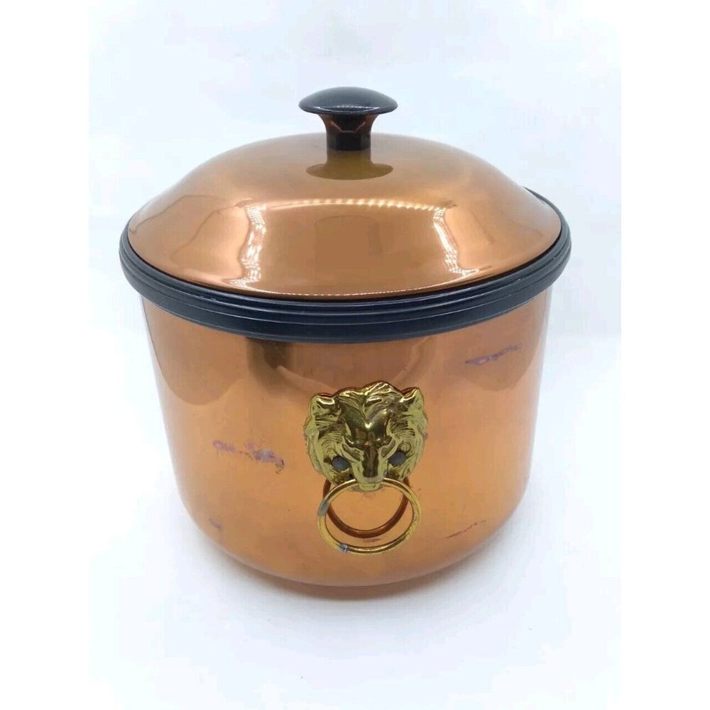 MCM Unique Vtg Coppercraft Guild Copper Ice Bucket Brass Lion Head Handles READ